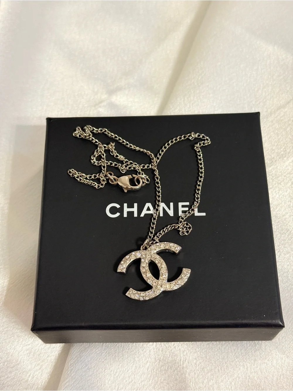 Chanel Silver Crystal CC Classic Pendant Necklace